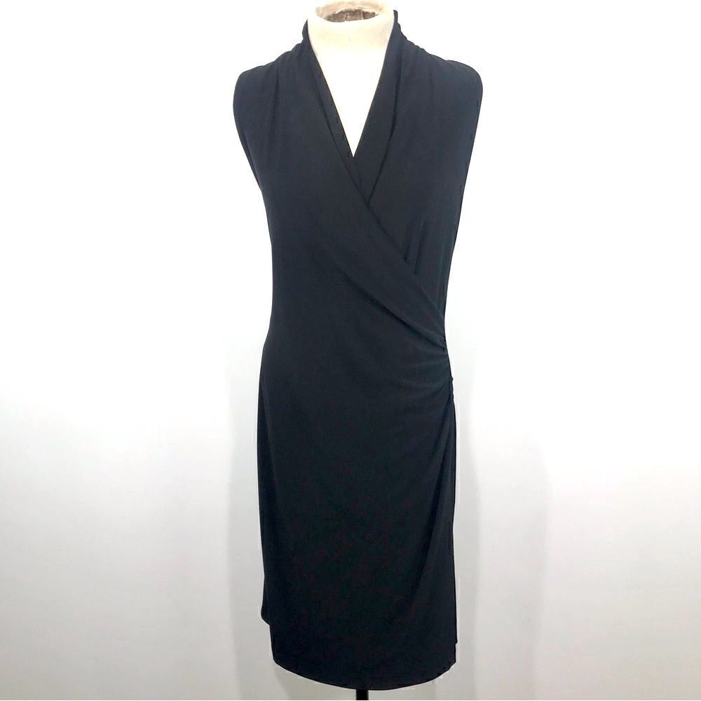 Norma Kamali Black V Neck Wrap Front Sleeveless Dress